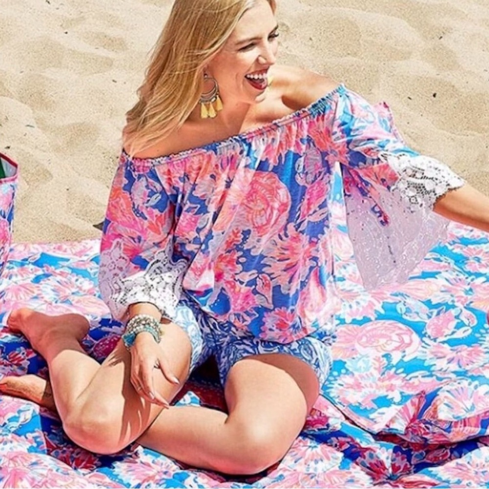 Lilly Pulitzer Blue Floral Off-Shoulder Top with White Lace Sleeves EUC size XL